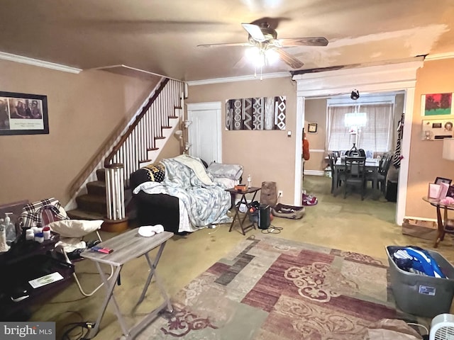 carpeted living area featuring ornamental molding, a ceiling fan, baseboards, and stairs