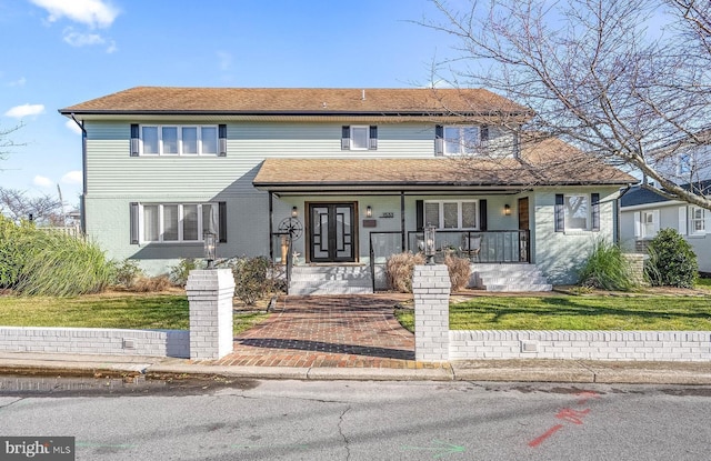 view of front of home with a porch, a front lawn, and brick siding