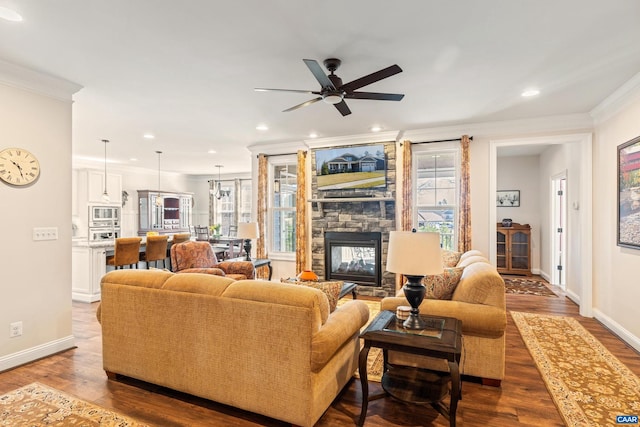 living room with a wealth of natural light, crown molding, a stone fireplace, and wood finished floors