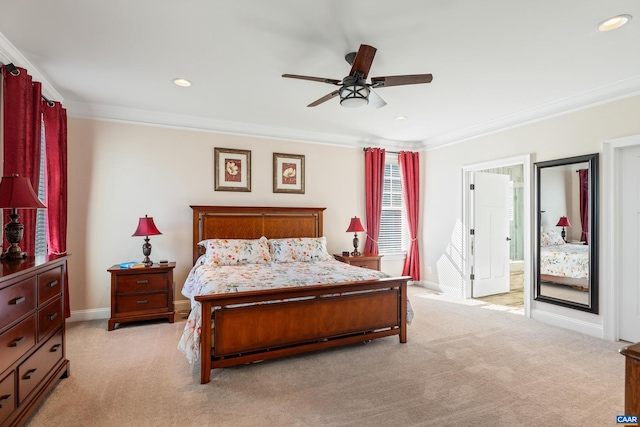 bedroom with light carpet, baseboards, ornamental molding, and recessed lighting