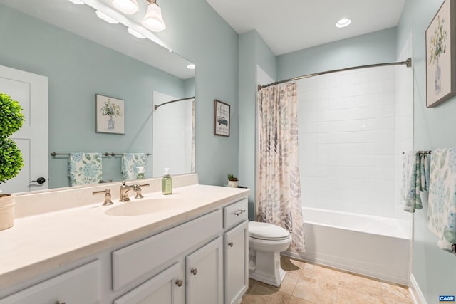 bathroom featuring toilet, shower / bathtub combination with curtain, tile patterned flooring, and vanity