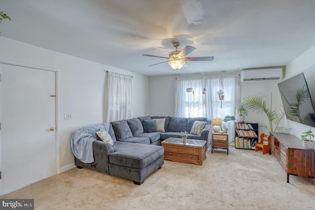 living room with light carpet, ceiling fan, and a wall mounted AC