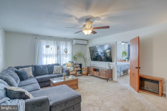 carpeted living room with a ceiling fan and a wall mounted air conditioner