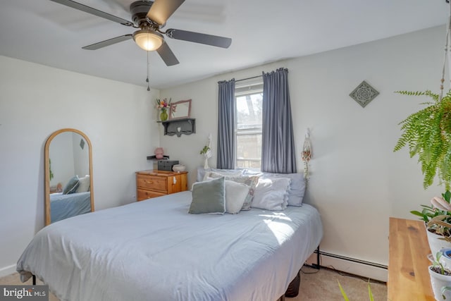 carpeted bedroom with ceiling fan and a baseboard radiator