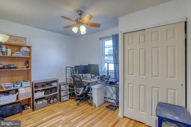 office featuring a ceiling fan and wood finished floors