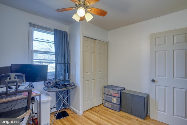 office with a ceiling fan, baseboards, and wood finished floors