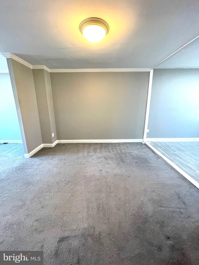 carpeted empty room with crown molding and baseboards