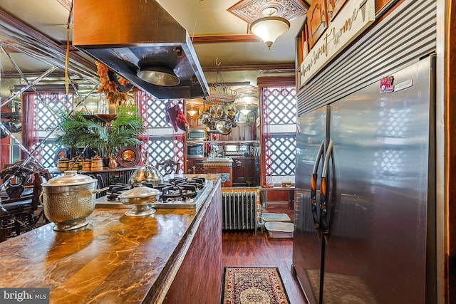 kitchen with butcher block countertops, appliances with stainless steel finishes, range hood, dark wood-style floors, and radiator