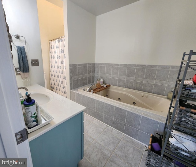 full bath with curtained shower, tile patterned flooring, a tub with jets, and vanity