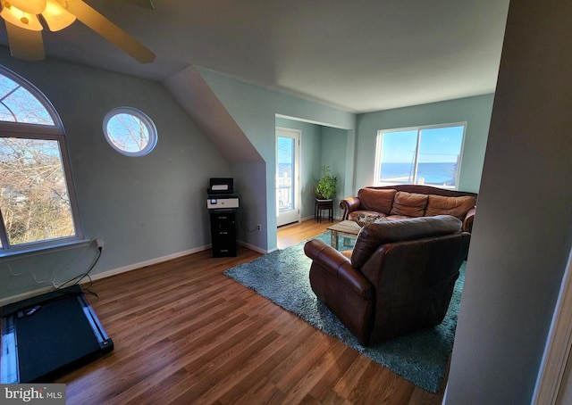 living area featuring a wealth of natural light, lofted ceiling, baseboards, and wood finished floors