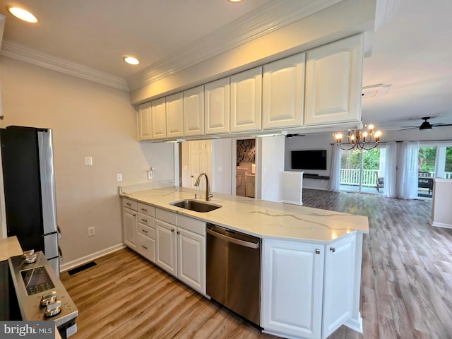 5128 Shore Dr, Huntingtown, MD 20639 - kitchen featuring stainless steel appliances, a sink, a peninsula, white cabinets, and open floor plan