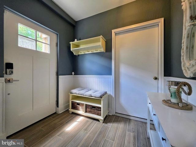 5128 Shore Dr, Huntingtown, MD 20639 - mudroom featuring wainscoting and wood finished floors