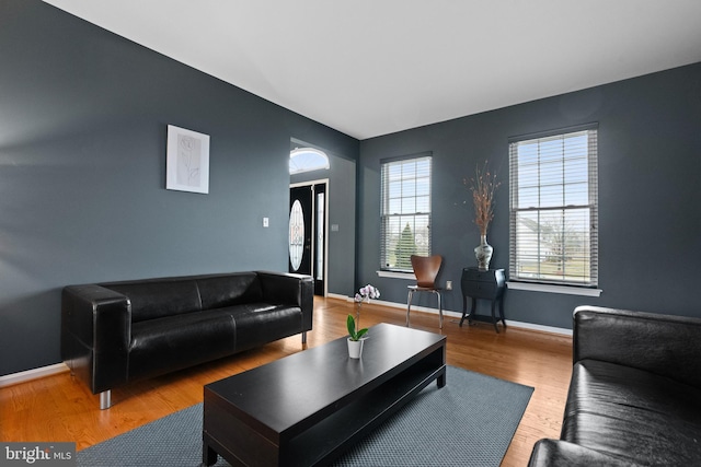 living area featuring wood finished floors and baseboards