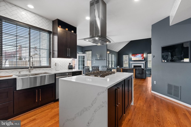 kitchen with light wood-type flooring, island exhaust hood, visible vents, stainless steel appliances, and a sink