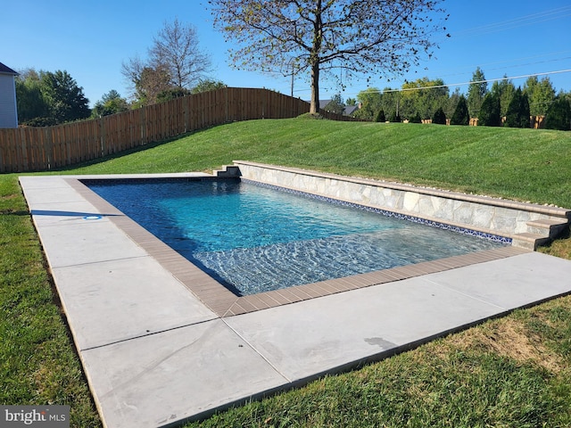 view of pool with a fenced in pool, a fenced backyard, and a yard