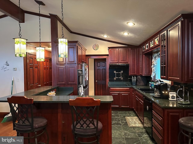 kitchen featuring vaulted ceiling, dark brown cabinets, a sink, and dishwasher