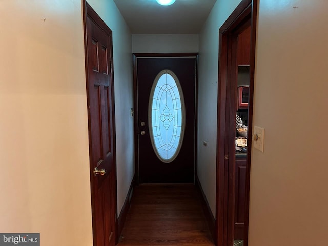 doorway featuring baseboards and dark wood-type flooring