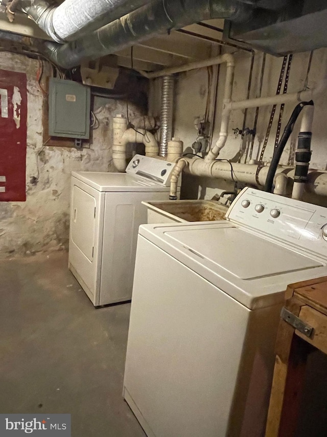 washroom featuring laundry area, washing machine and clothes dryer, and electric panel