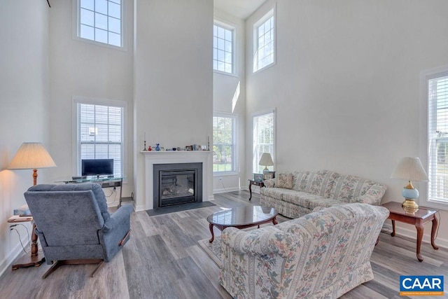 living room with a fireplace with flush hearth, baseboards, and wood finished floors