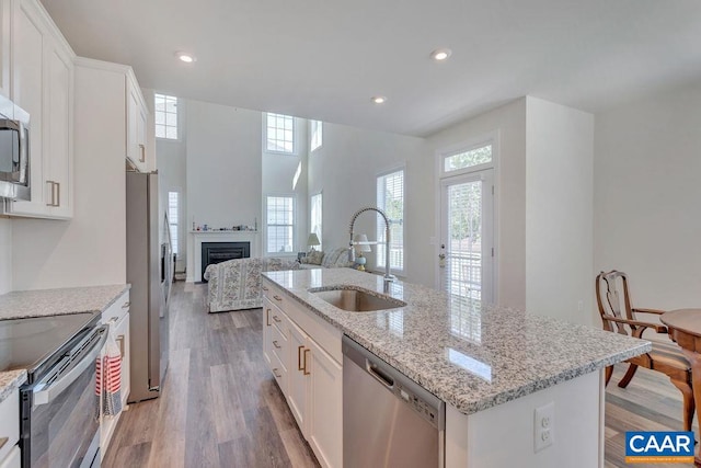 kitchen with appliances with stainless steel finishes, a fireplace, a sink, and white cabinets