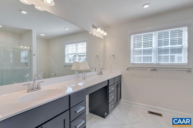 bathroom with a sink, visible vents, marble finish floor, double vanity, and a stall shower