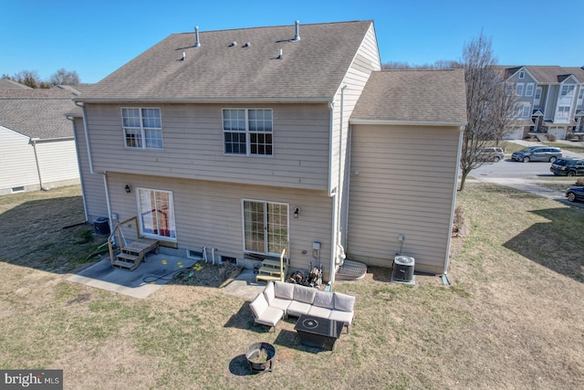 rear view of property with entry steps, roof with shingles, a lawn, and central air condition unit