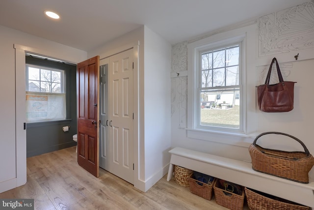 mudroom with baseboards, light wood finished floors, and a healthy amount of sunlight