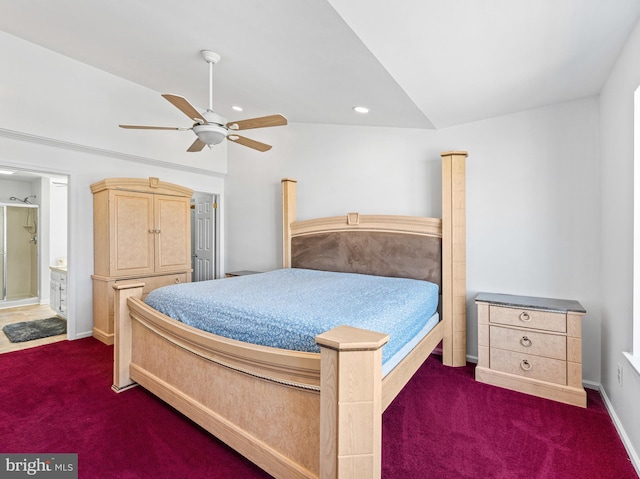 bedroom featuring dark colored carpet, recessed lighting, a ceiling fan, ensuite bath, and baseboards