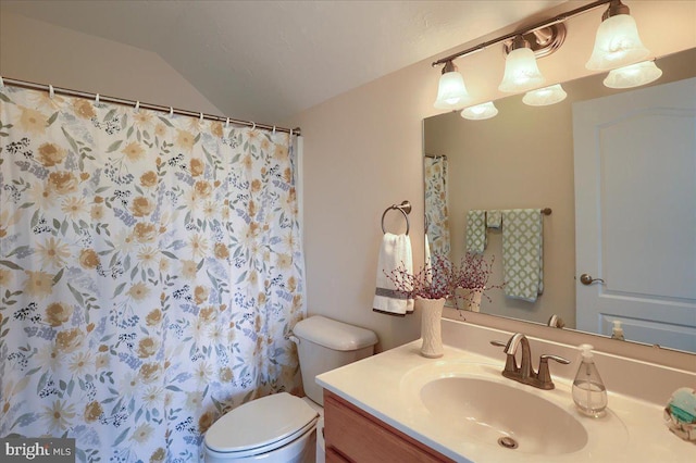 bathroom with toilet, vaulted ceiling, and vanity