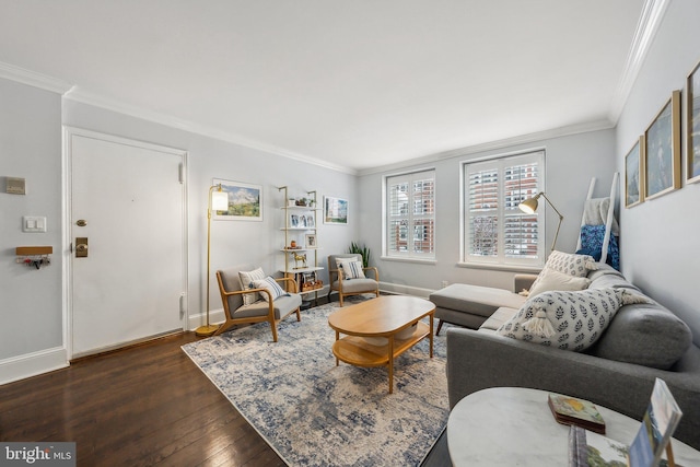 living area with dark wood-type flooring, crown molding, and baseboards