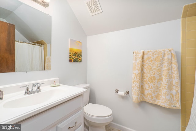 bathroom with curtained shower, toilet, vanity, visible vents, and vaulted ceiling