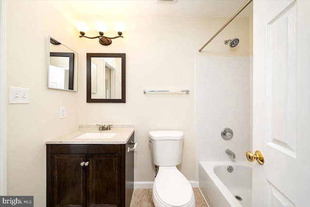 full bathroom with toilet, visible vents,  shower combination, and vanity