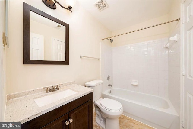 full bath featuring toilet, bathing tub / shower combination, visible vents, and vanity