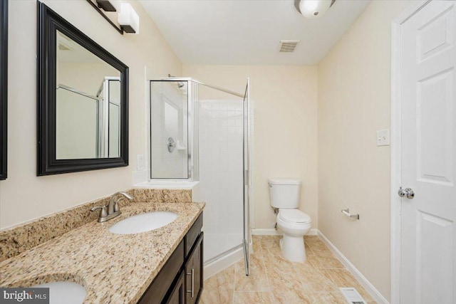 bathroom featuring visible vents, toilet, a stall shower, a sink, and baseboards