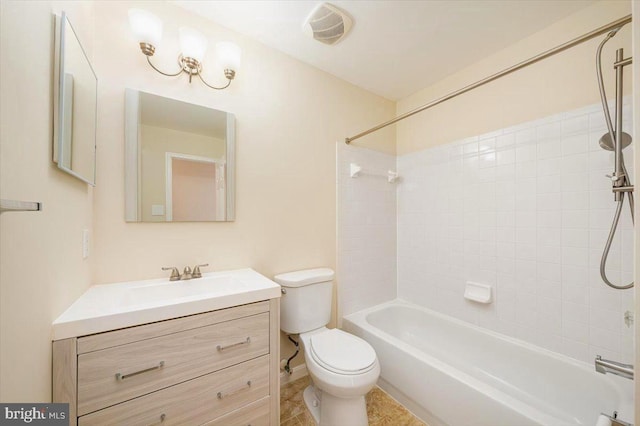 full bathroom featuring  shower combination, visible vents, vanity, and toilet