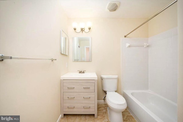 full bathroom with toilet, baseboards, shower / bathing tub combination, and vanity