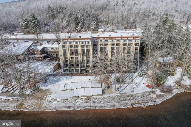 snowy aerial view with a forest view