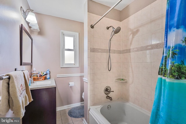 full bath with tile patterned flooring, toilet, vanity, baseboards, and shower / tub combo with curtain