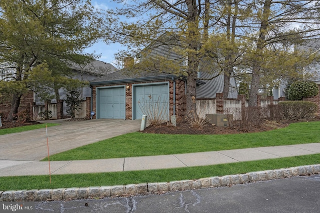 view of front of home featuring a garage, concrete driveway, brick siding, and a chimney