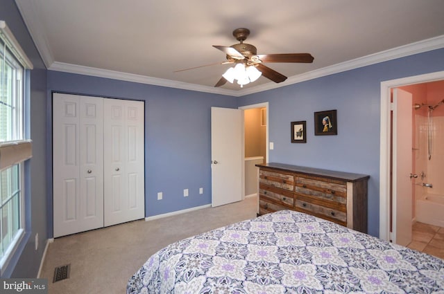 carpeted bedroom with baseboards, visible vents, a ceiling fan, crown molding, and a closet