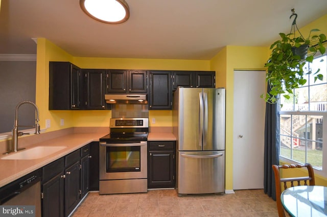 kitchen featuring under cabinet range hood, stainless steel appliances, a sink, light countertops, and dark cabinetry