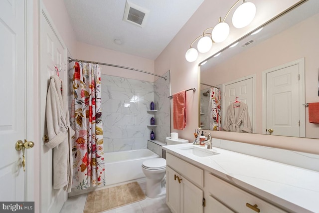 full bathroom featuring toilet, vanity, shower / bath combo with shower curtain, and visible vents