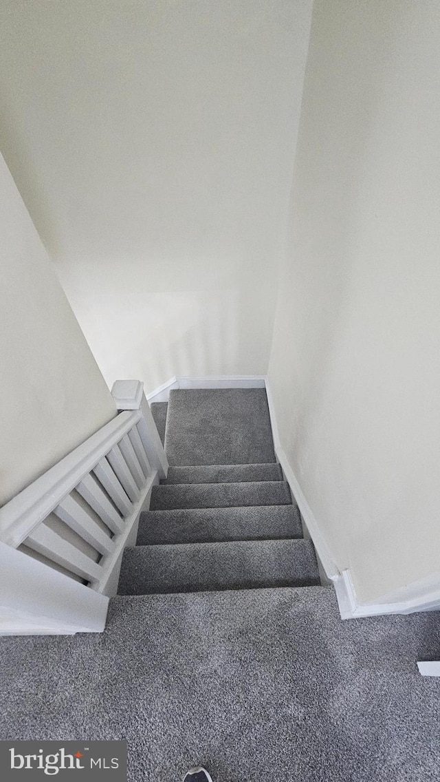 staircase with carpet flooring and baseboards