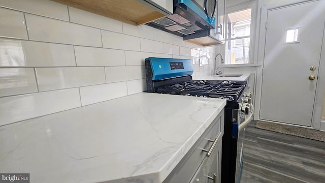 kitchen with decorative backsplash, light stone counters, appliances with stainless steel finishes, wood finished floors, and a sink