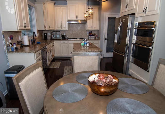 kitchen with tasteful backsplash, appliances with stainless steel finishes, a sink, dark stone counters, and under cabinet range hood