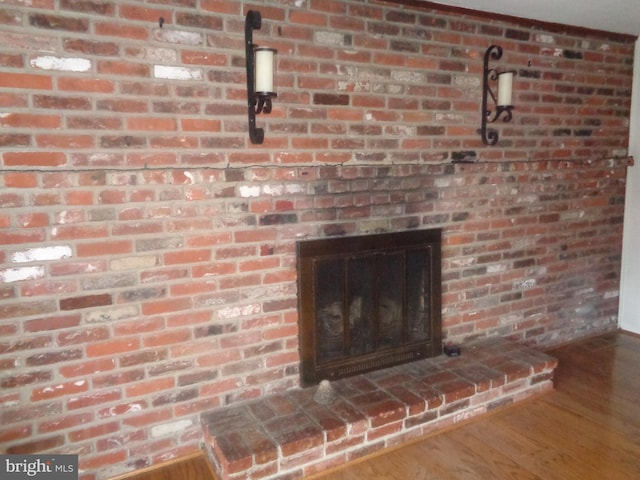 details featuring a fireplace and wood finished floors