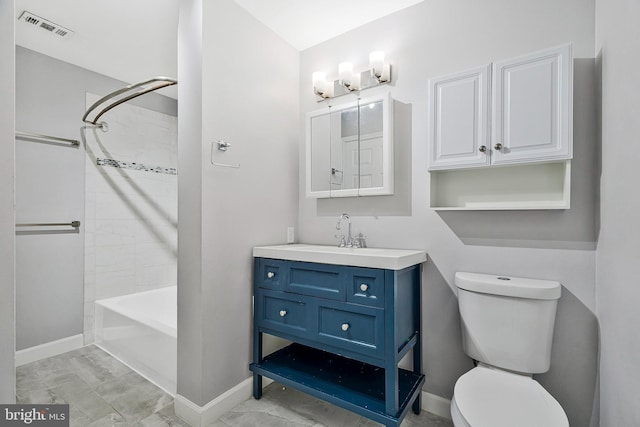 full bath featuring toilet, vanity, visible vents, and baseboards