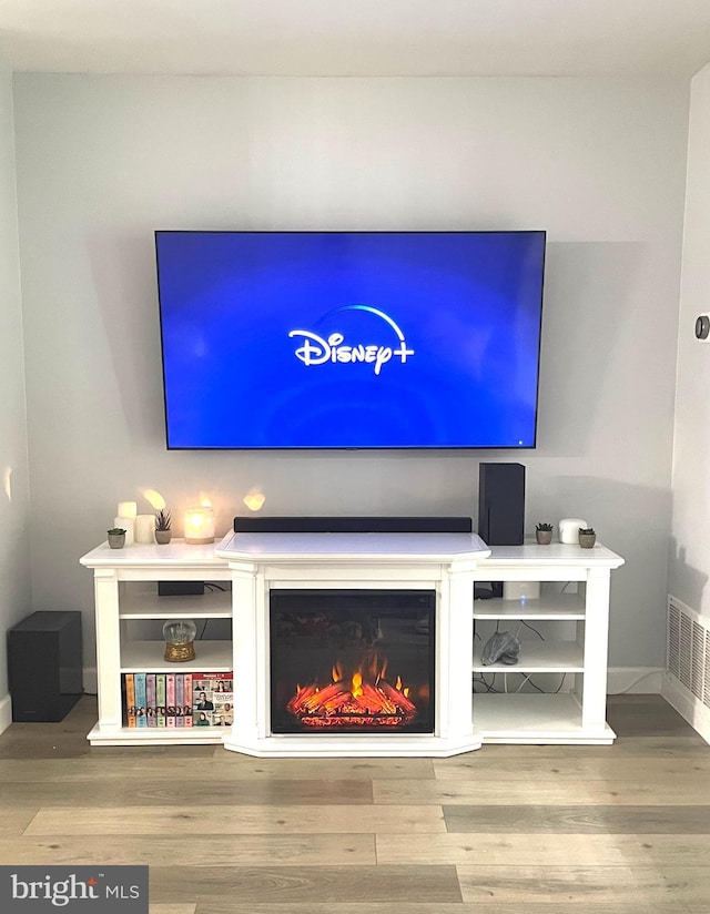 room details featuring a glass covered fireplace, visible vents, baseboards, and wood finished floors