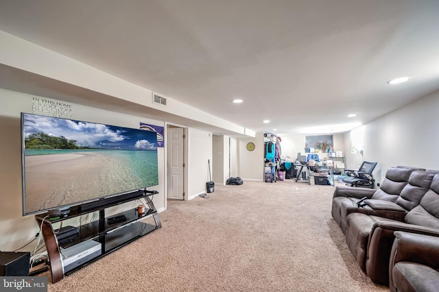 carpeted cinema featuring visible vents and recessed lighting