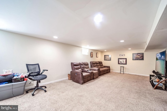 interior space with carpet, baseboards, and recessed lighting